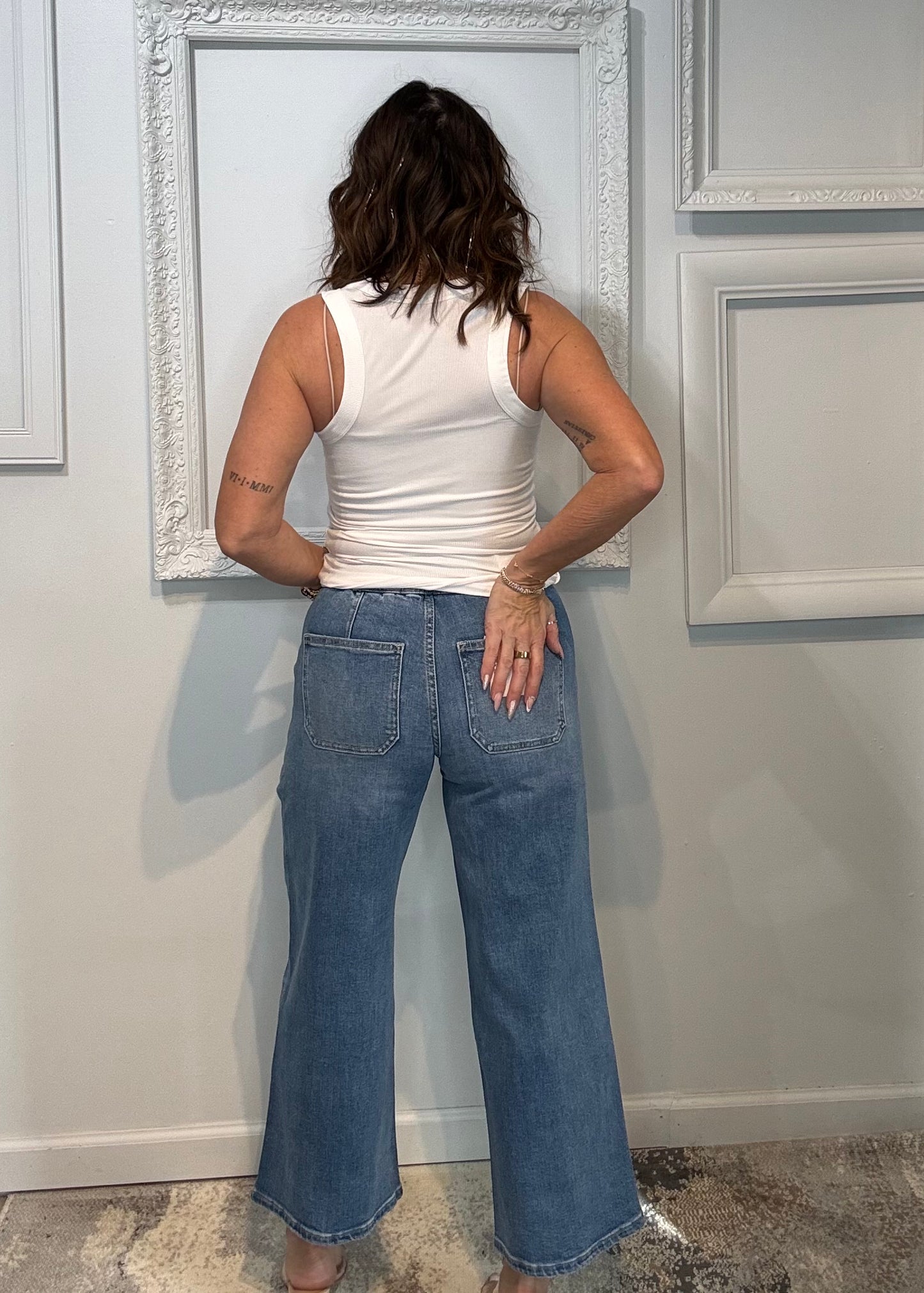 High Rise Drawstring Waistband Wide Leg Jeans