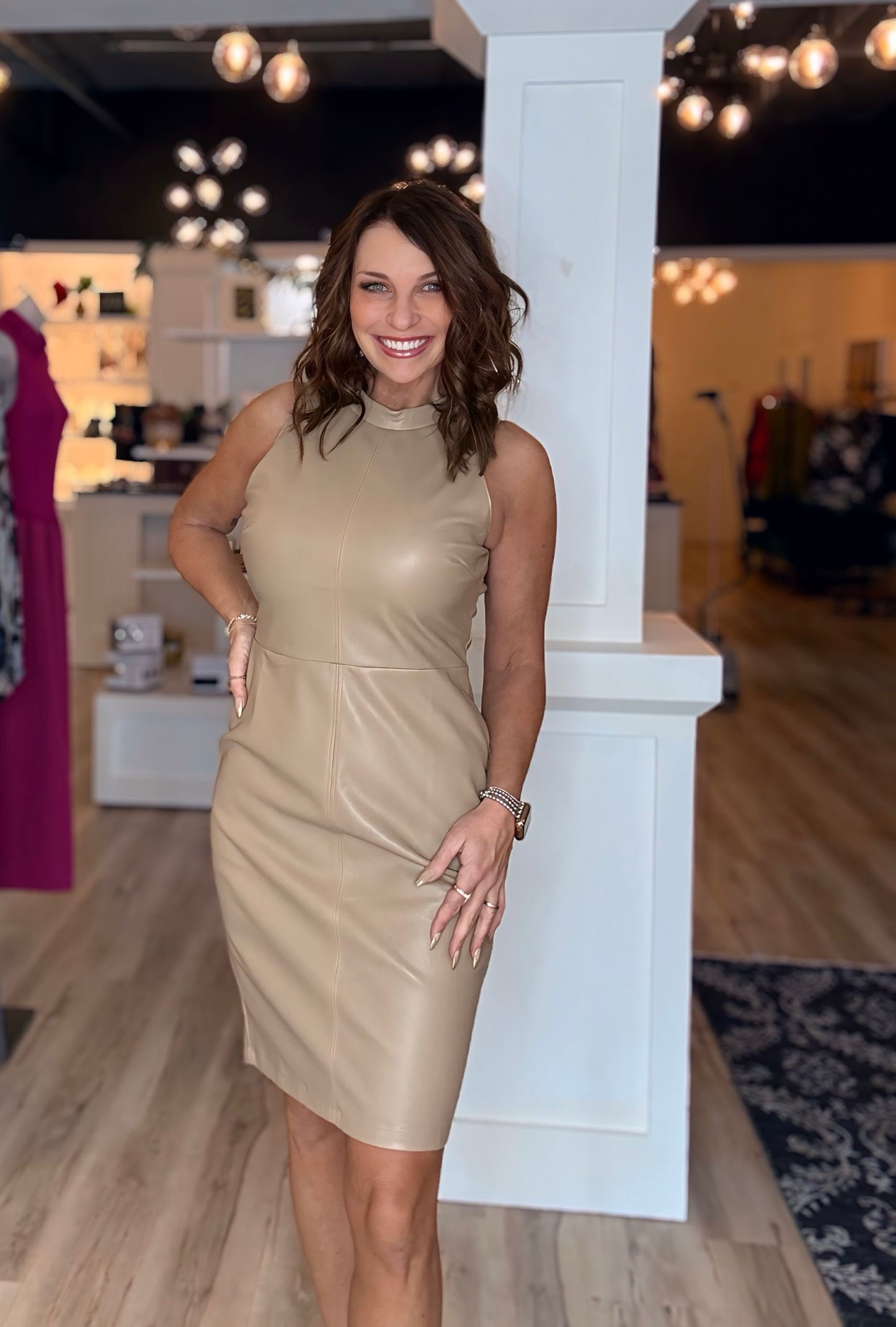 Vegan Leather High Neck Midi Dress