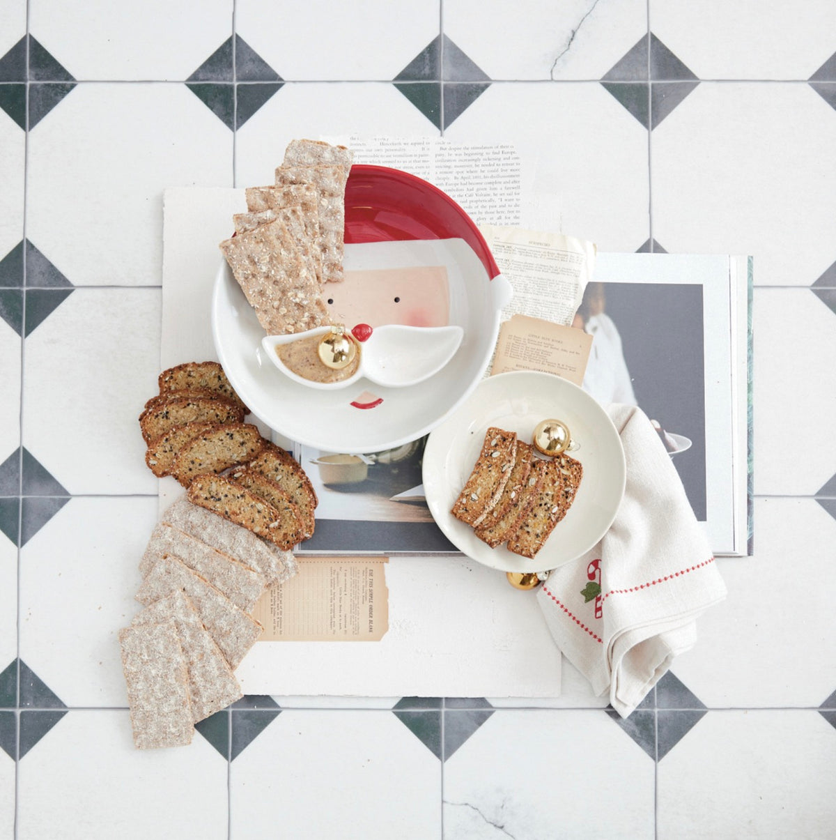 Hand-Painted Ceramic Santa Head Shaped Bowl & Mustache Dish