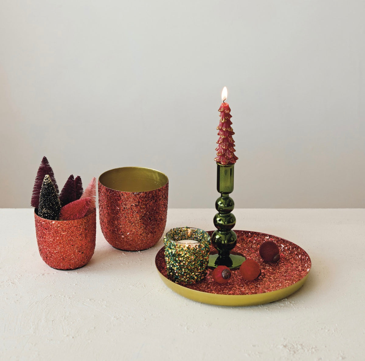 Metal Planters with Mica Flakes, Red & Gold Finish, Set of 2