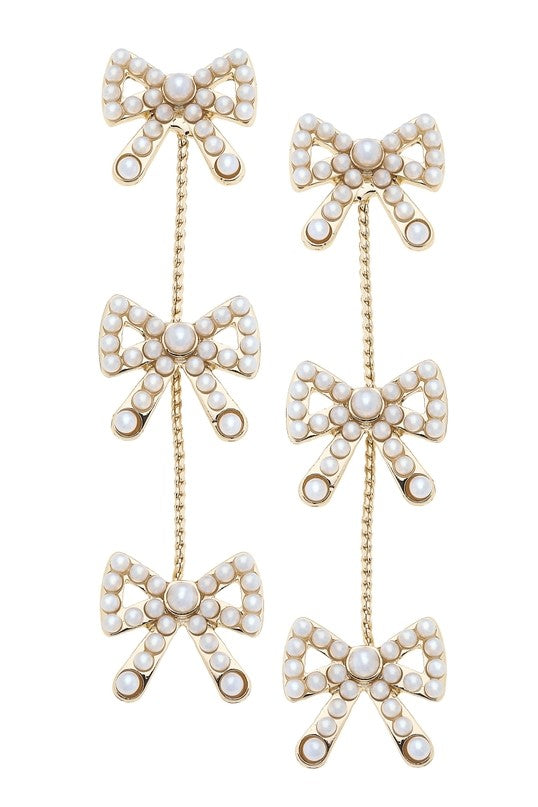 Dawn Pearl Studded Bow Linked Earrings in Ivory
