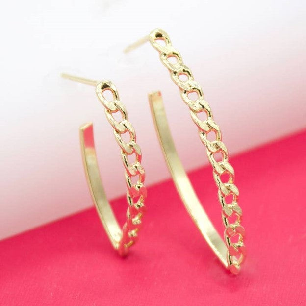 18K Gold Filled Diamond Cut Curb Open Marquis Earrings