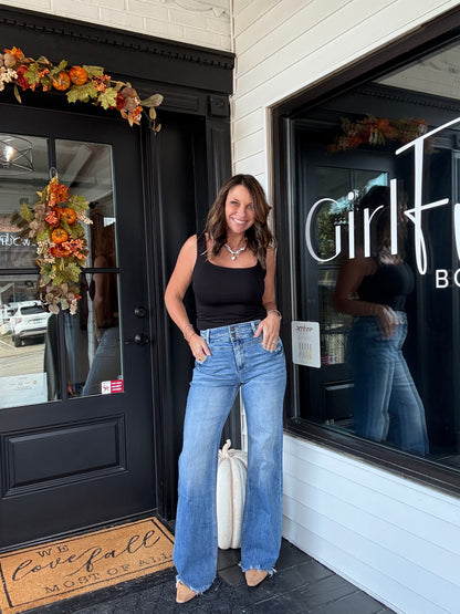 Petra MD High Rise Stretch Wide Leg Flare w/ Frayed Hem