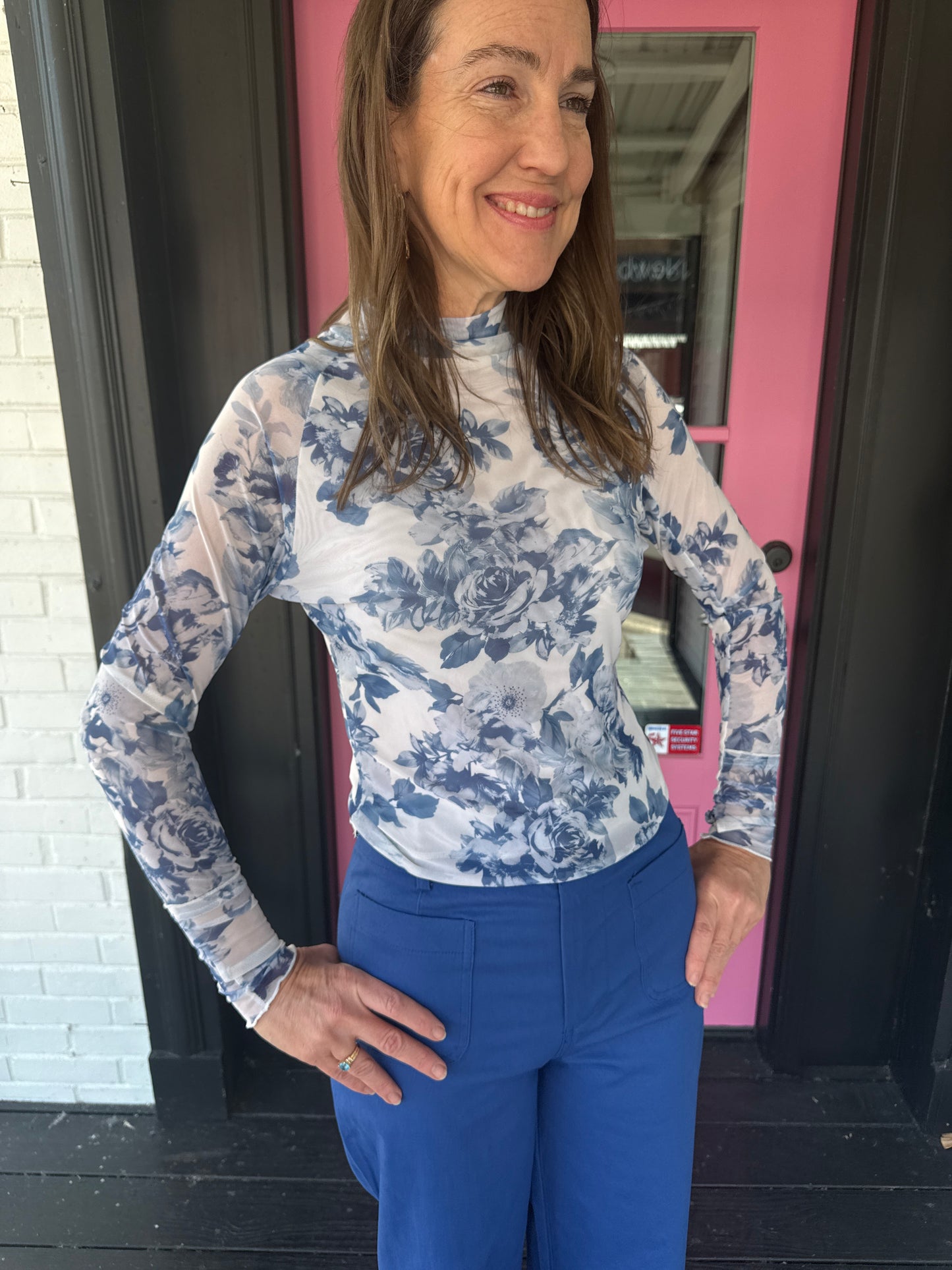 Blue & White Floral Mesh Top
