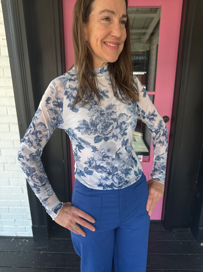 Blue & White Floral Mesh Top