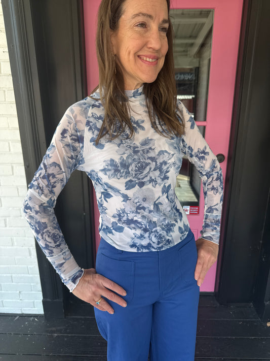 Blue & White Floral Mesh Top