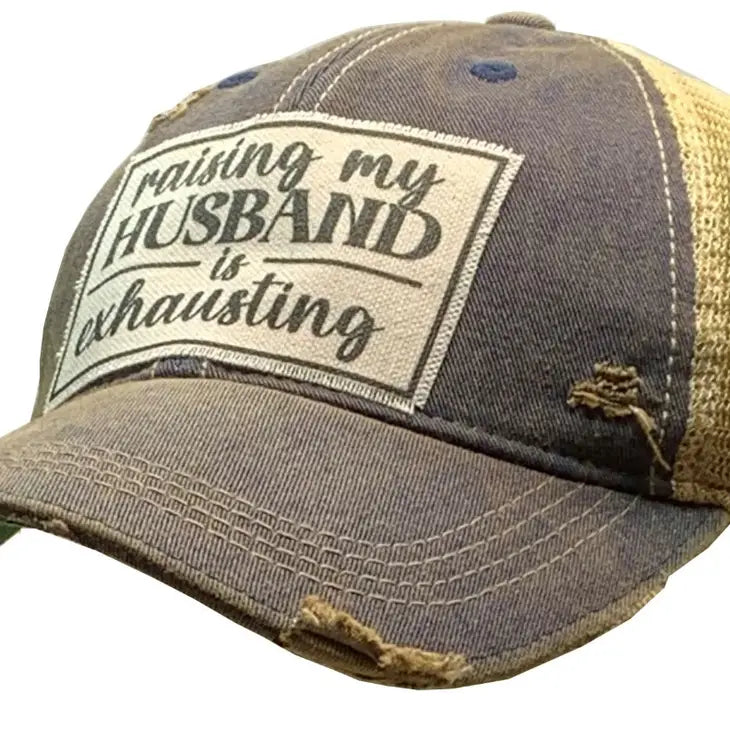 Raising My Husband Is Exhausting Distressed Trucker Hat - GirlFriends Boutique