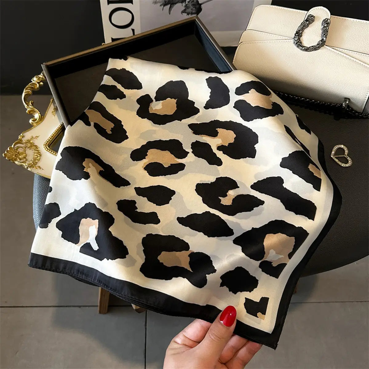 Leopard Print Satin Square Scarf