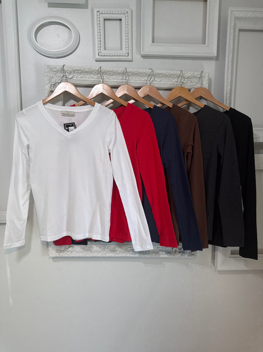 Cotton V-neck Long Sleeve T-shirt
