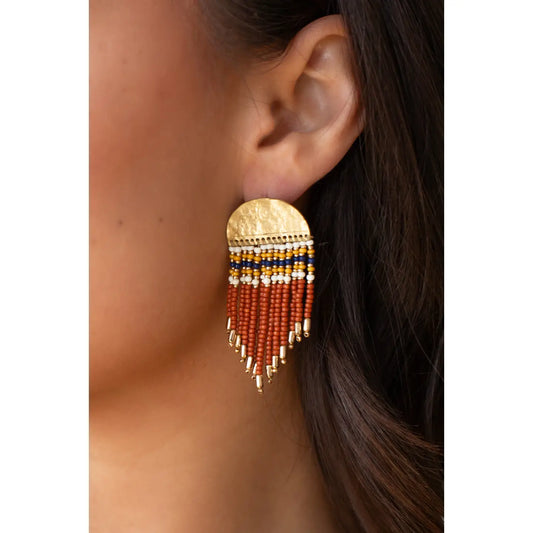 Gold & Rust Beaded Fringe Earrings