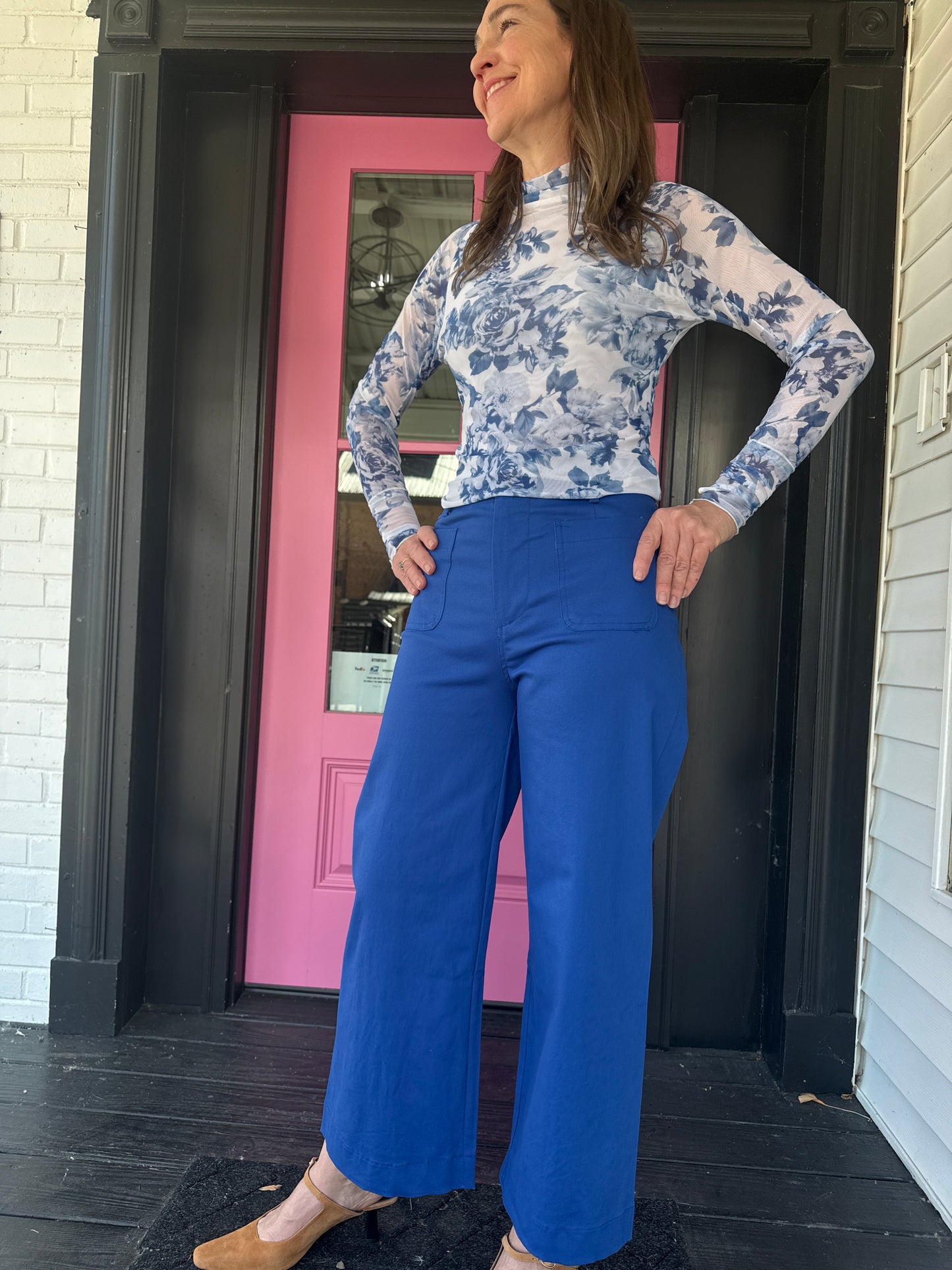Blue & White Floral Mesh Top