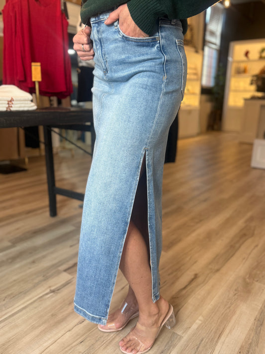 Hidden Jeans Side Slit Stretch Midi Skirt