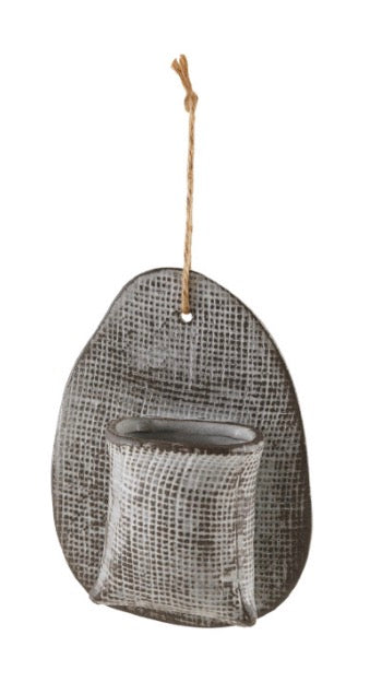 Stoneware Wall Vase with Embossed Stamp Pattern & Jute Hanger