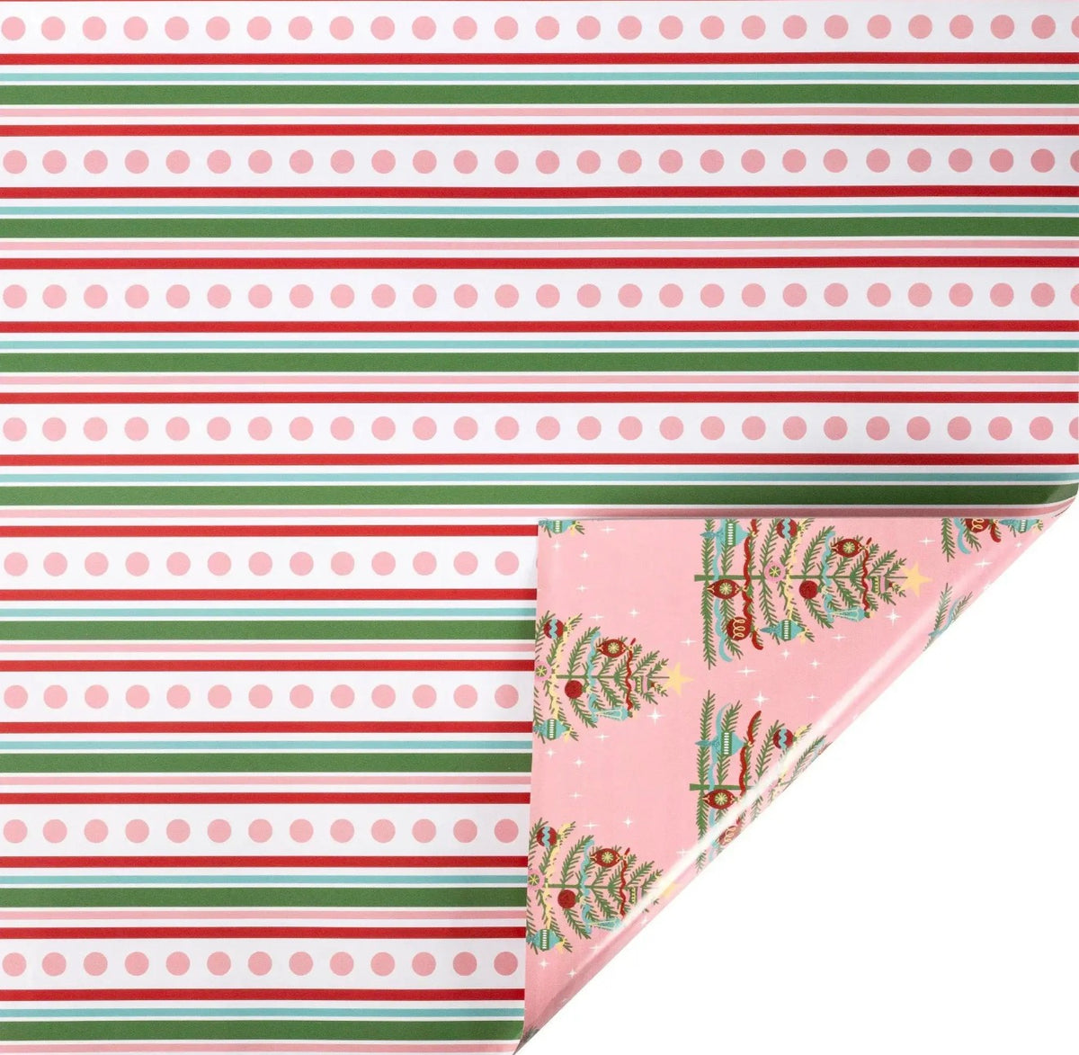 30" X 10' Holiday Reversible
Wrapping Paper | Pink, Red and Green Dots and Stripes and Vintage Trees On Pink