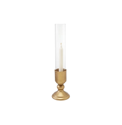 Metal Taper Holder with Glass Hurricane, Gold Finish
