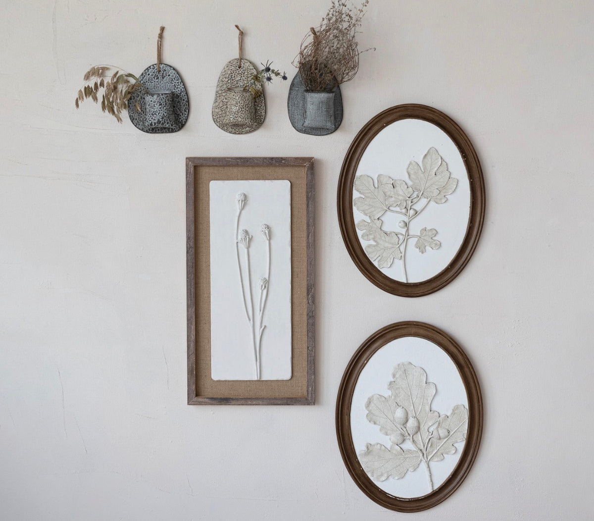 Stoneware Wall Vase with Embossed Stamp Pattern & Jute Hanger