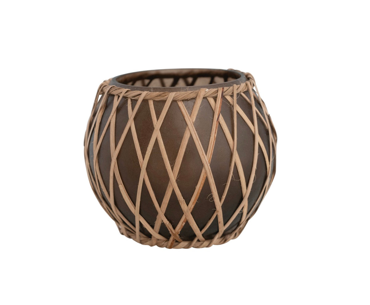 Woven Rattan & Glass Votive Holder