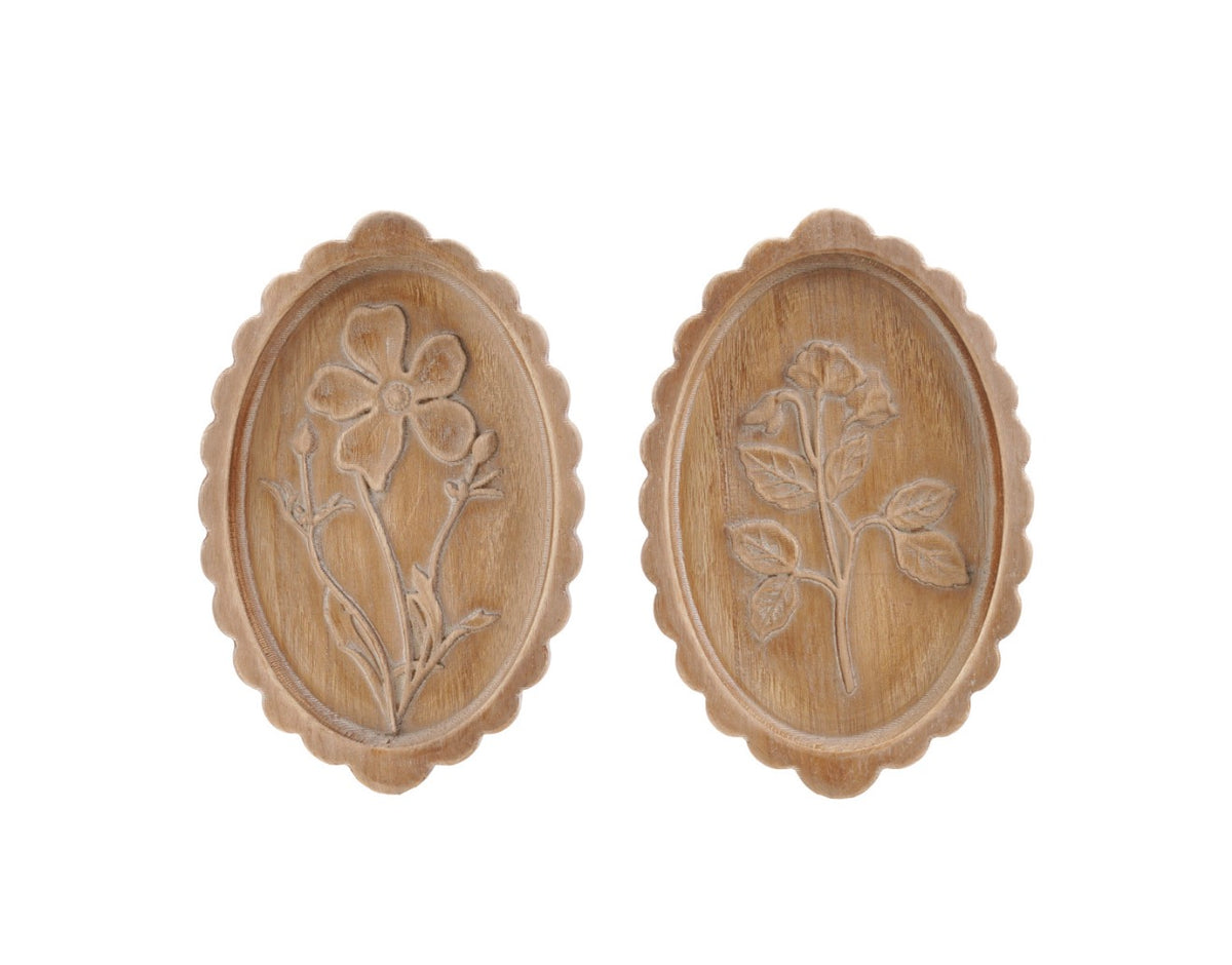 Wood Scalloped Wall Décor w/ Laser Etched Botanicals Set, Natural