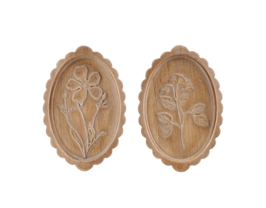 Wood Scalloped Wall Décor w/ Laser Etched Botanicals Set, Natural