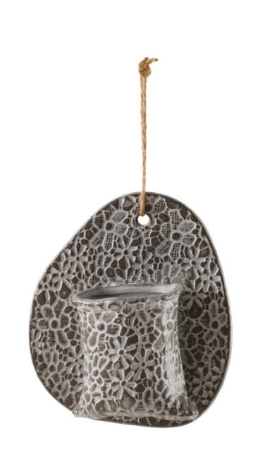 Stoneware Wall Vase with Embossed Stamp Pattern & Jute Hanger