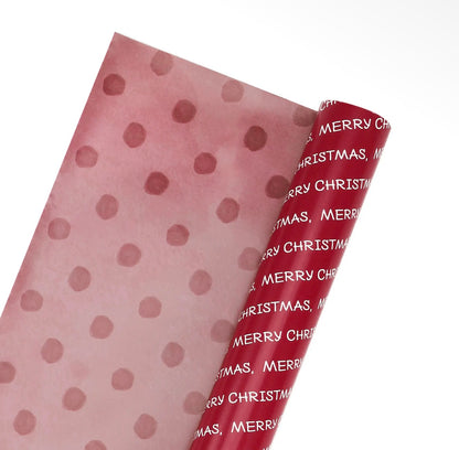 30" X 10' Holiday Reversible Wrapping Paper | Merry Christmas White On Red/Red Watercolor Dots