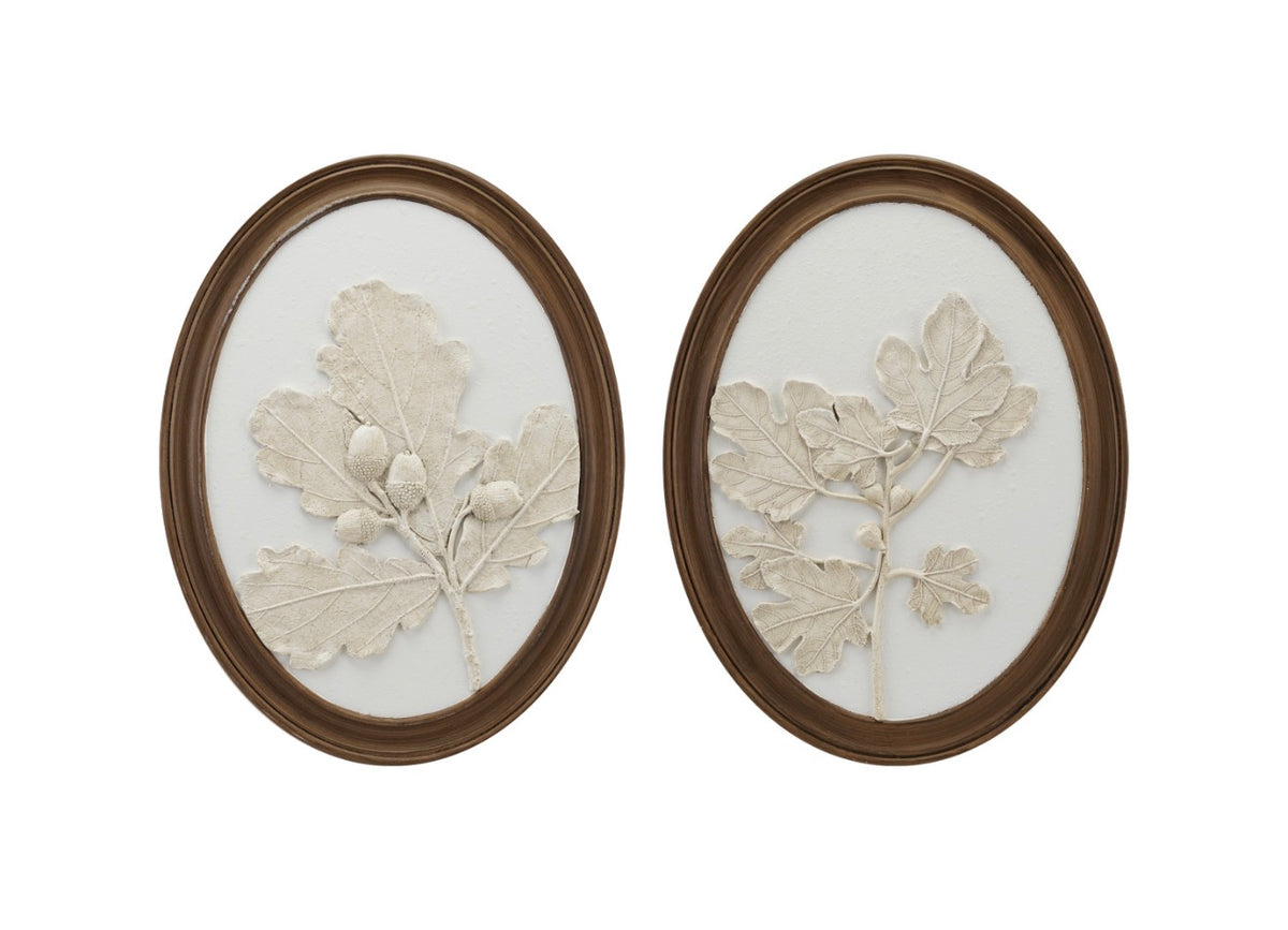 Oval Wood Framed Wall Decor with Plaster Cast Leaves & Acorns