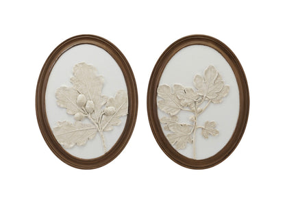 Oval Wood Framed Wall Decor with Plaster Cast Leaves & Acorns
