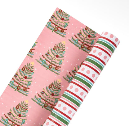 30" X 10' Holiday Reversible
Wrapping Paper | Pink, Red and Green Dots and Stripes and Vintage Trees On Pink
