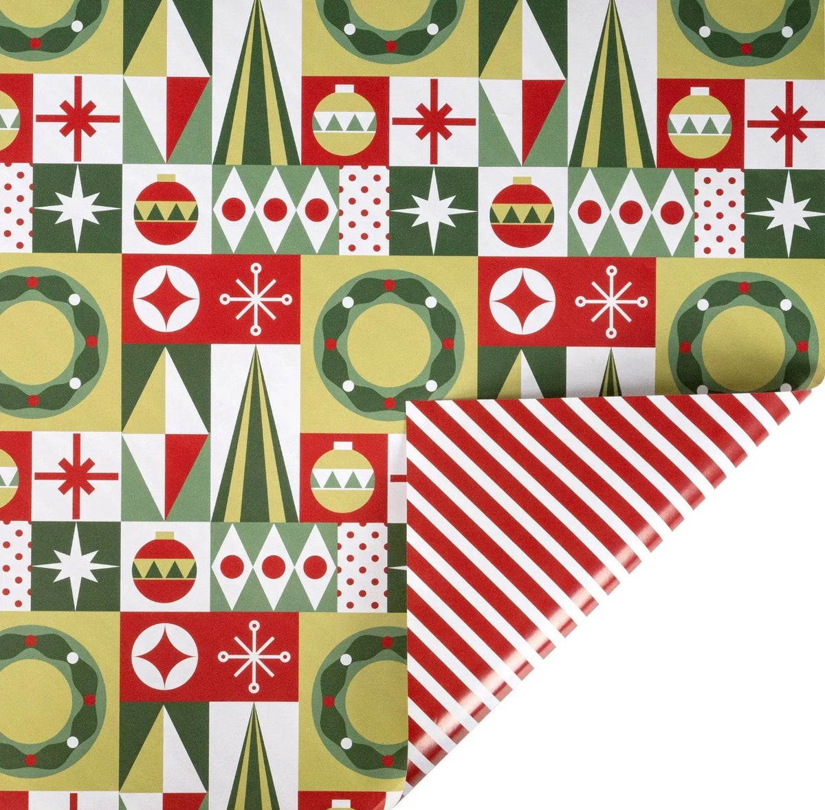 30" X 10' Holiday Reversible Wrapping Paper | Christmas
Geometric and Red/White Stripe
