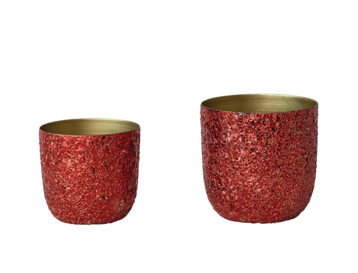 Metal Planters with Mica Flakes, Red & Gold Finish, Set of 2