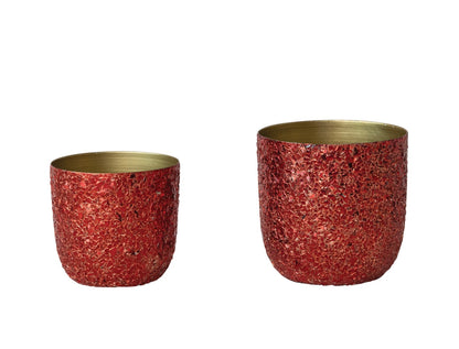 Metal Planters with Mica Flakes, Red & Gold Finish, Set of 2