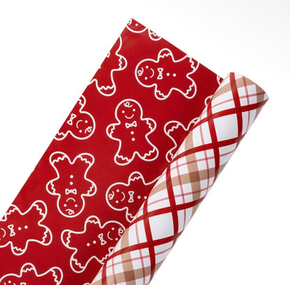 30" X 10' Holiday Reversible Wrapping Paper | Gingerbread Plaid and Gingerbread Linework