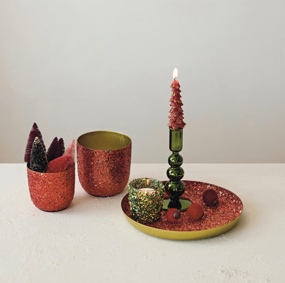 Metal Planters with Mica Flakes, Red & Gold Finish, Set of 2
