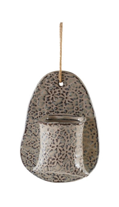 Stoneware Wall Vase with Embossed Stamp Pattern & Jute Hanger