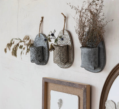 Stoneware Wall Vase with Embossed Stamp Pattern & Jute Hanger