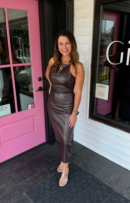Halter Neck Faux Leather Dress