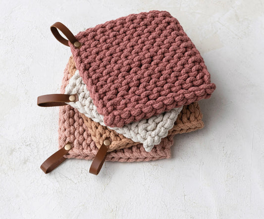 Cotton Crocheted Pot Holder w/ Leather Loop