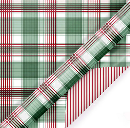 30" X 10' Reversible Holiday
Wrapping Paper | Large Red and Green Plaid/Red and White Stripe
