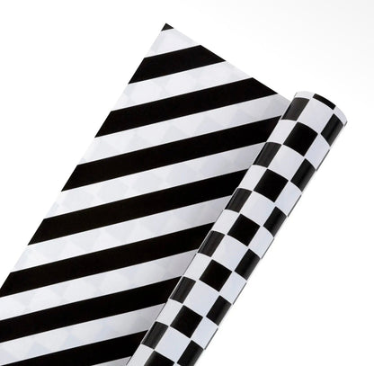 30" X 10' Holiday Reversible Wrapping Paper | Black/White Checked and Black/White Stripe