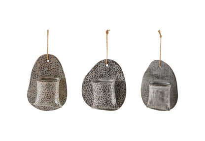 Stoneware Wall Vase with Embossed Stamp Pattern & Jute Hanger