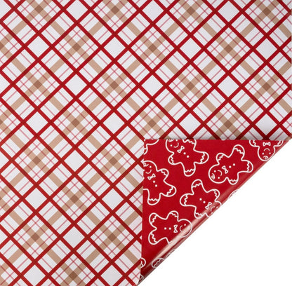 30" X 10' Holiday Reversible Wrapping Paper | Gingerbread Plaid and Gingerbread Linework