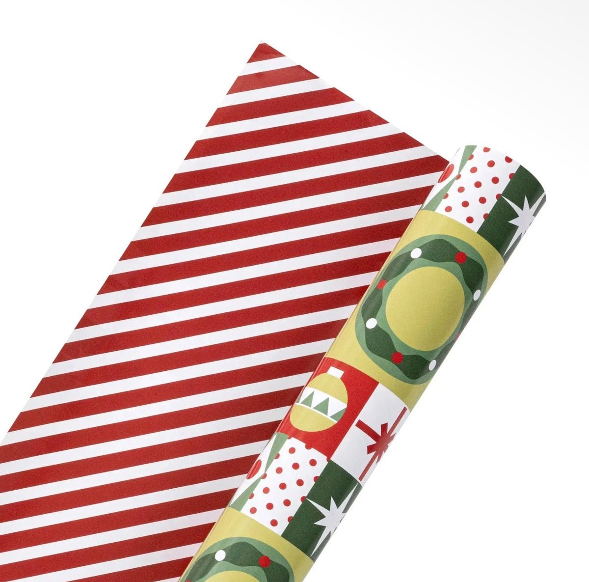 30" X 10' Holiday Reversible Wrapping Paper | Christmas
Geometric and Red/White Stripe