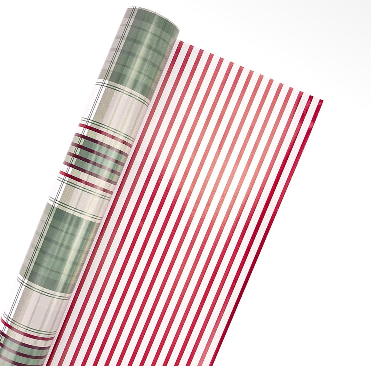 30" X 10' Reversible Holiday
Wrapping Paper | Large Red and Green Plaid/Red and White Stripe