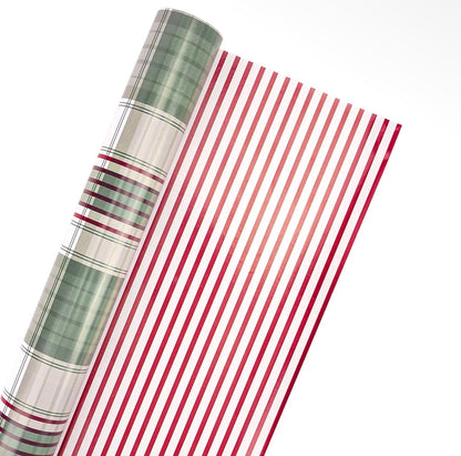30" X 10' Reversible Holiday
Wrapping Paper | Large Red and Green Plaid/Red and White Stripe