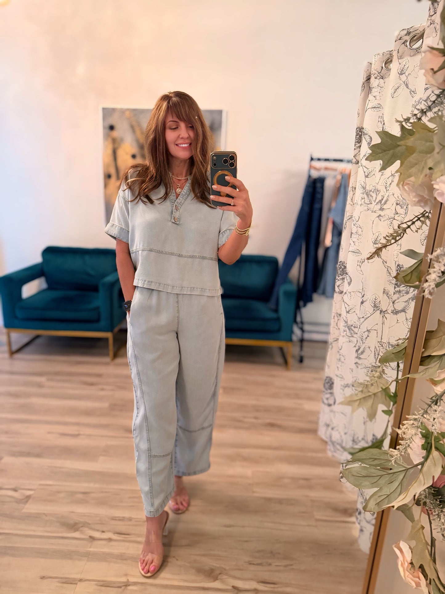 Washed Denim Split Neck Top