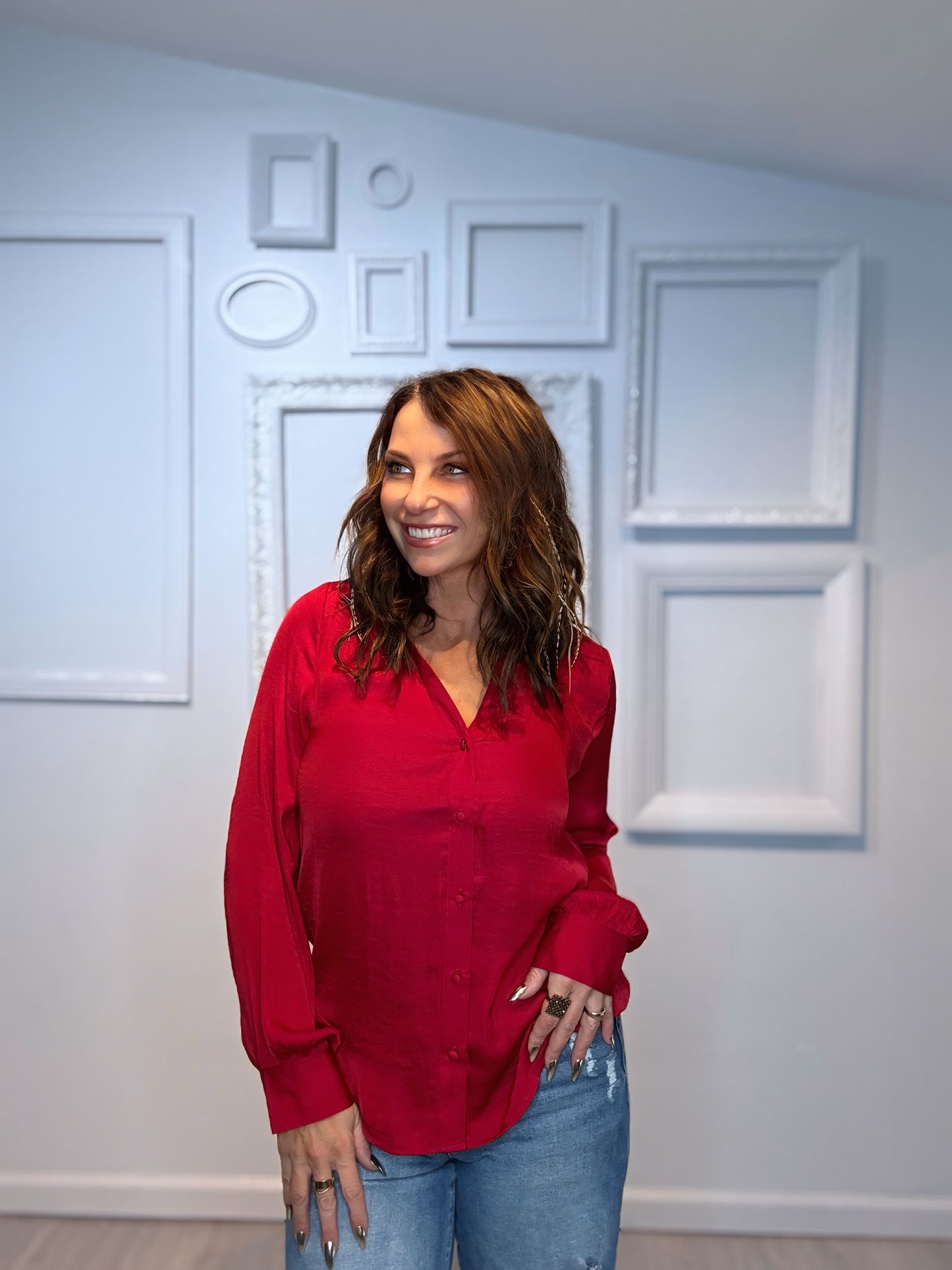 Classic V-Neck Button Down Blouse