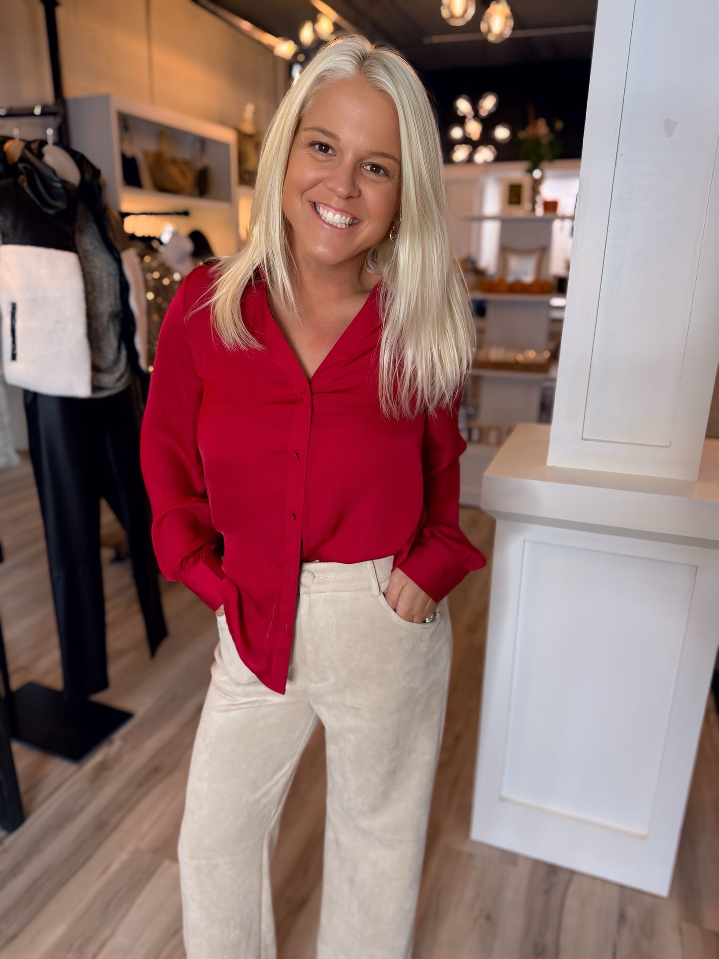 Classic V-Neck Button Down Blouse