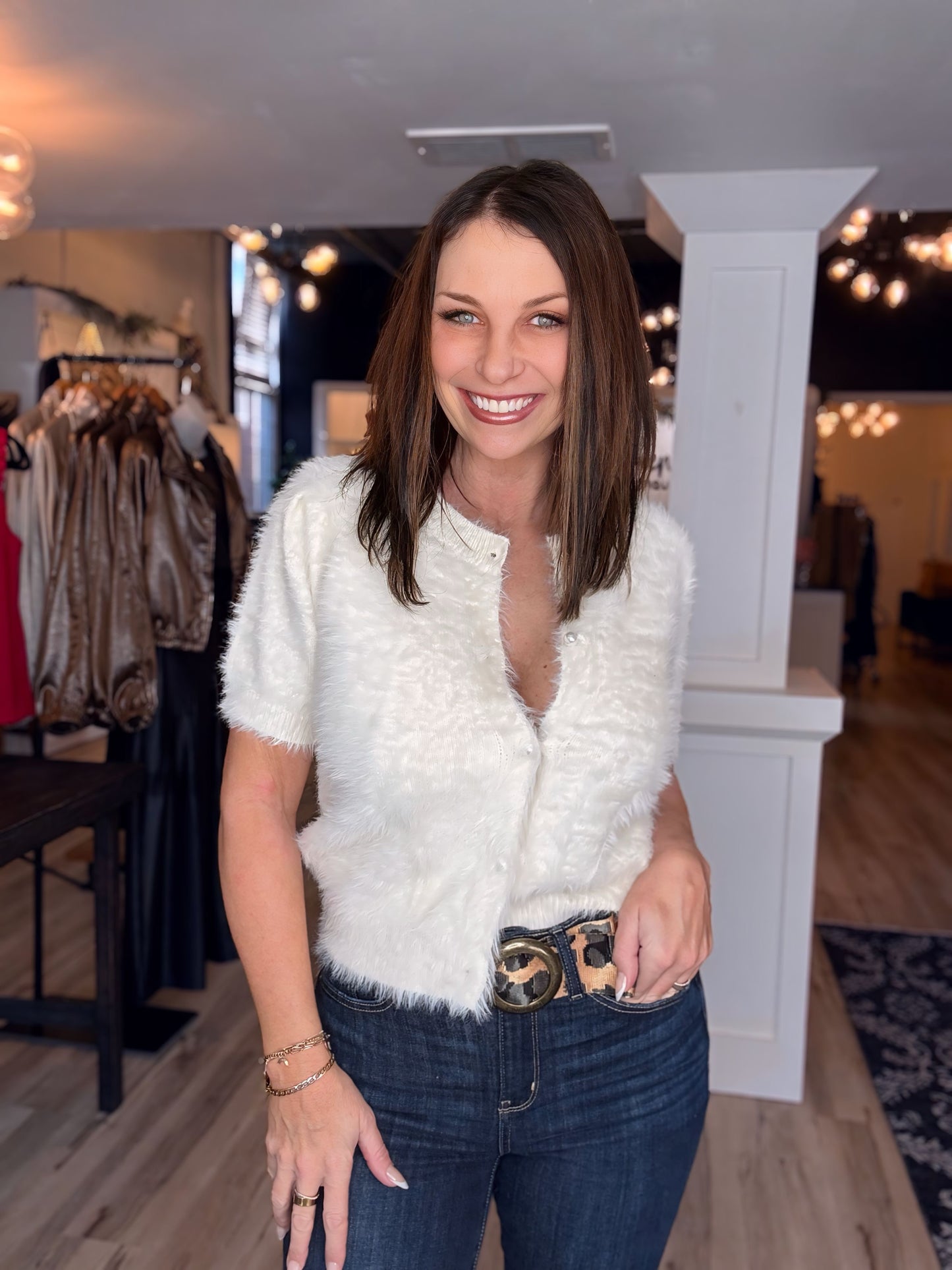 Mohair Knit Short Sleeve Sweater Cardigan