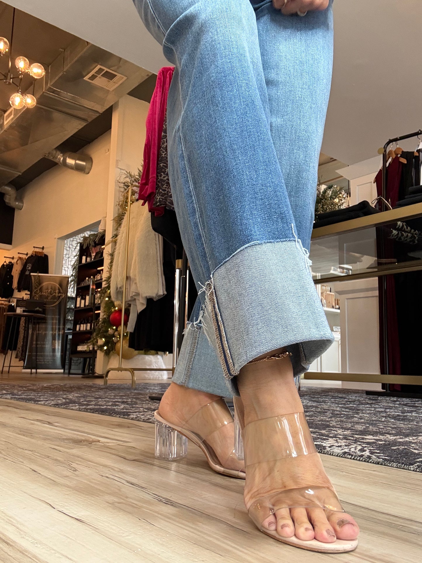 High Rise Cuffed Ankle Wide Leg Jeans