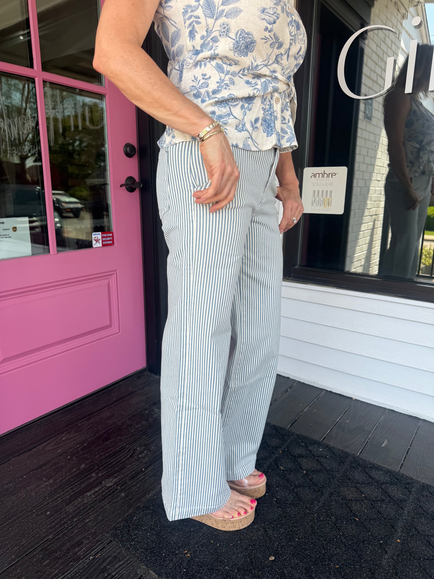 Blue Stripe High Rise Slim Palazzo Wide Leg Jeans, Petra153